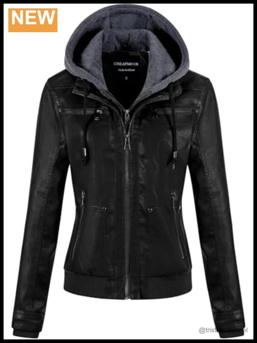Women's Faux Leather Moto Biker Jacket with Removable Hood, Waterproof